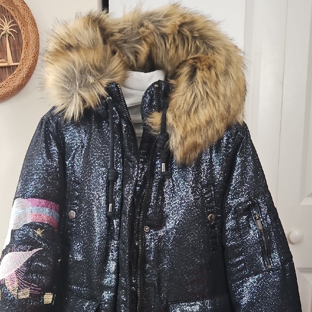 Custo Barcelona Black and Gold Jacket with Faux Fur Collar